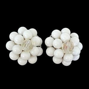 Vintage White Beaded Granny Chic Clip On earrings signed Japan
